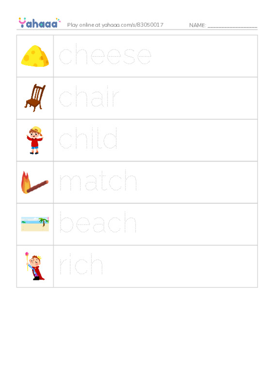 Picture and word rows worksheet for Digraphs ch