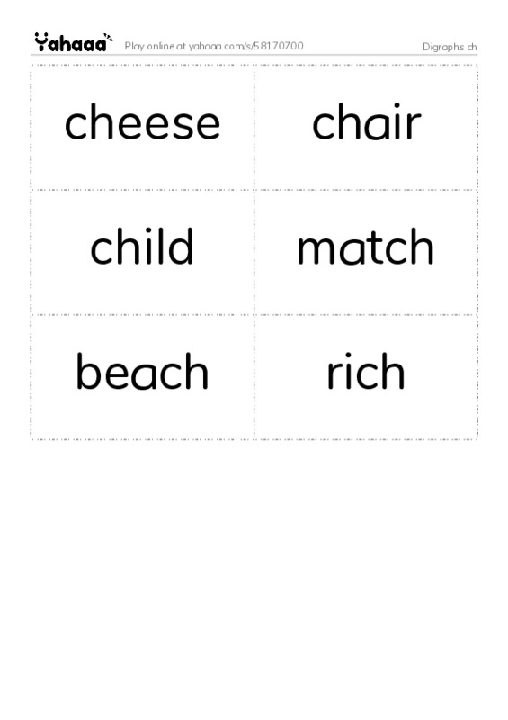 Word flashcards worksheet for Digraphs ch