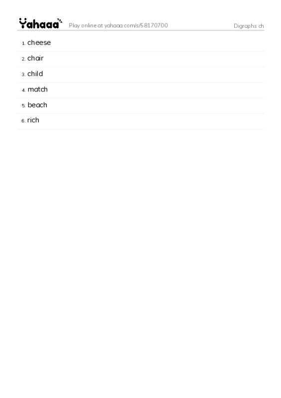 Word list with meanings worksheet for Digraphs ch