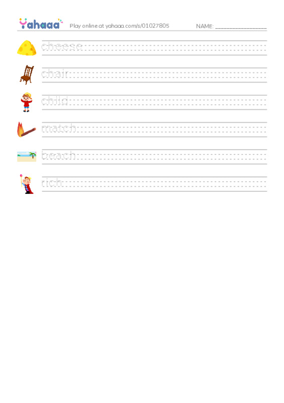Handwriting lines worksheet for Digraphs ch