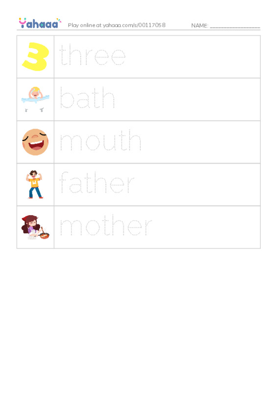 Picture and word rows worksheet for Digraphs th