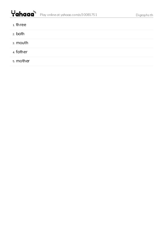 Word list with meanings worksheet for Digraphs th