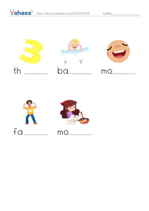 Finish the word worksheet for Digraphs th