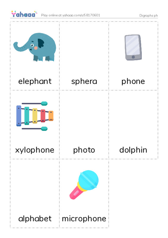 Picture flashcards worksheet for Digraphs ph