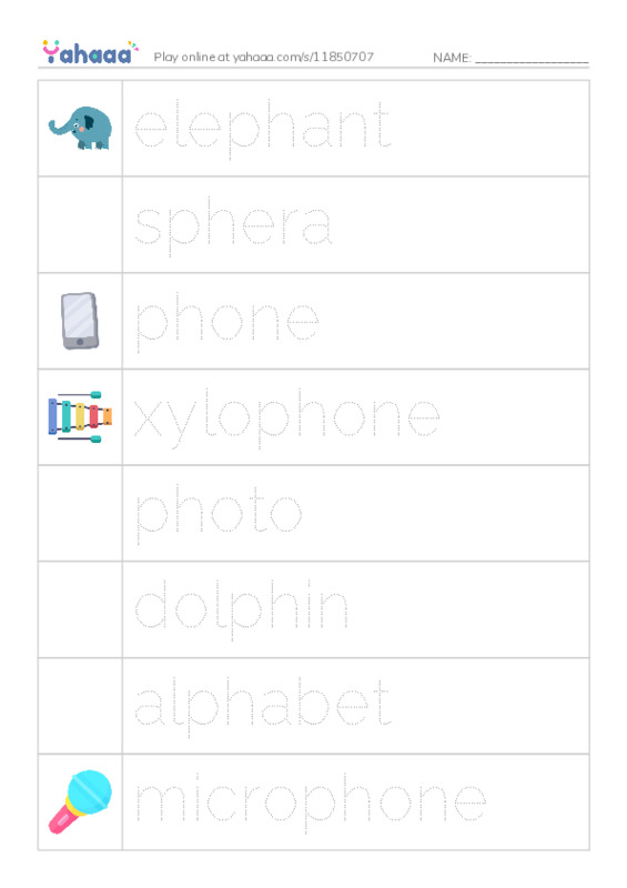 Picture and word rows worksheet for Digraphs ph