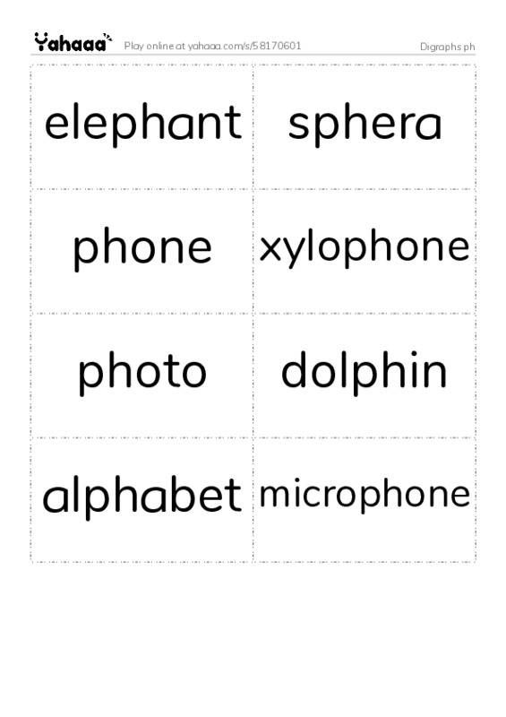 Word flashcards worksheet for Digraphs ph