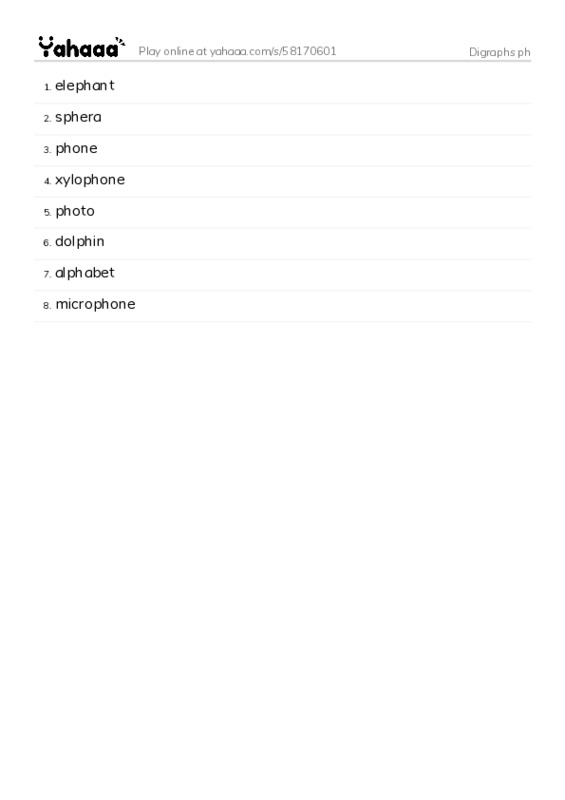 Word list with meanings worksheet for Digraphs ph