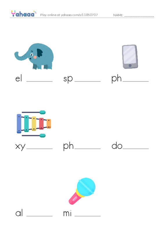 Finish the word worksheet for Digraphs ph