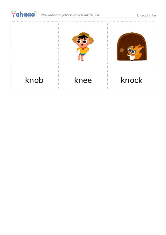 Picture flashcards worksheet for Digraphs  kn