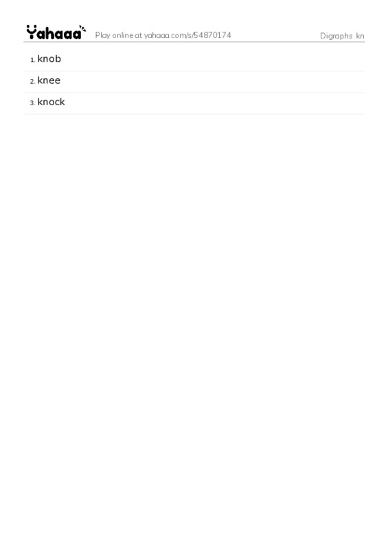 Word list with meanings worksheet for Digraphs  kn