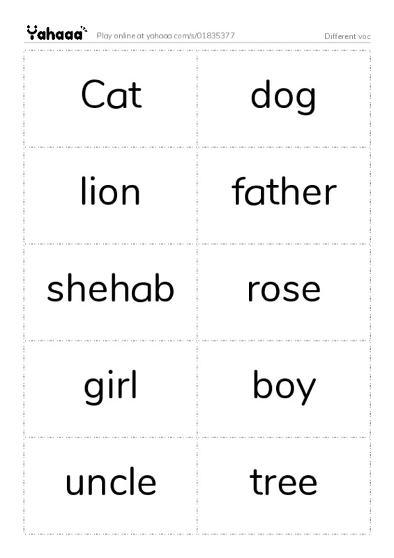 Word flashcards worksheet for Different voc