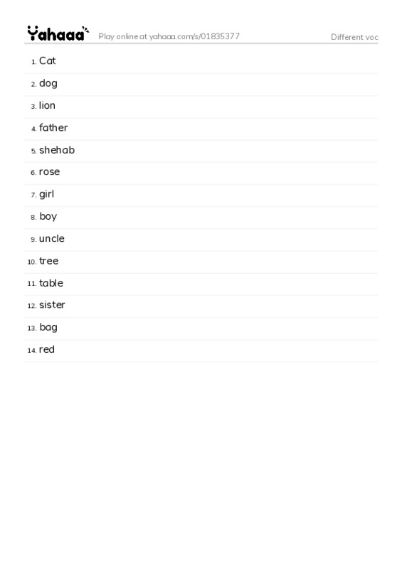 Word list with meanings worksheet for Different voc