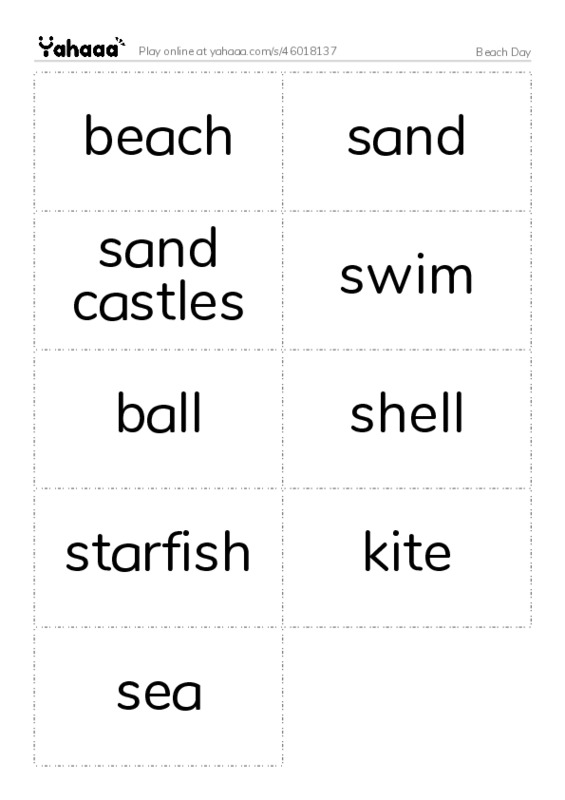 Word flashcards worksheet for Beach Day