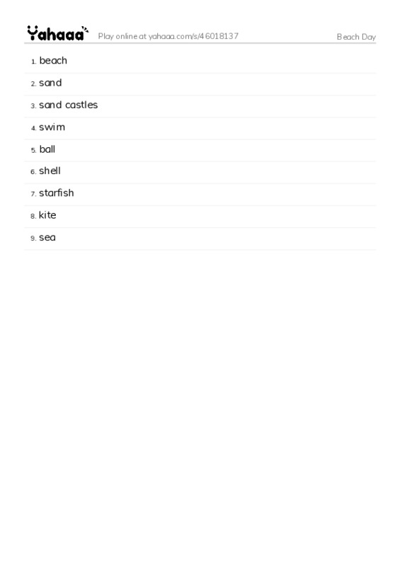 Word list with meanings worksheet for Beach Day