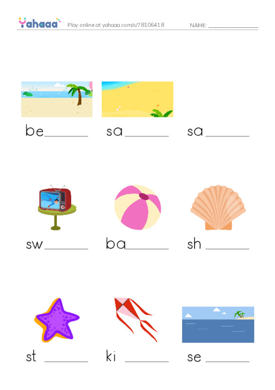 Finish the word worksheet for Beach Day