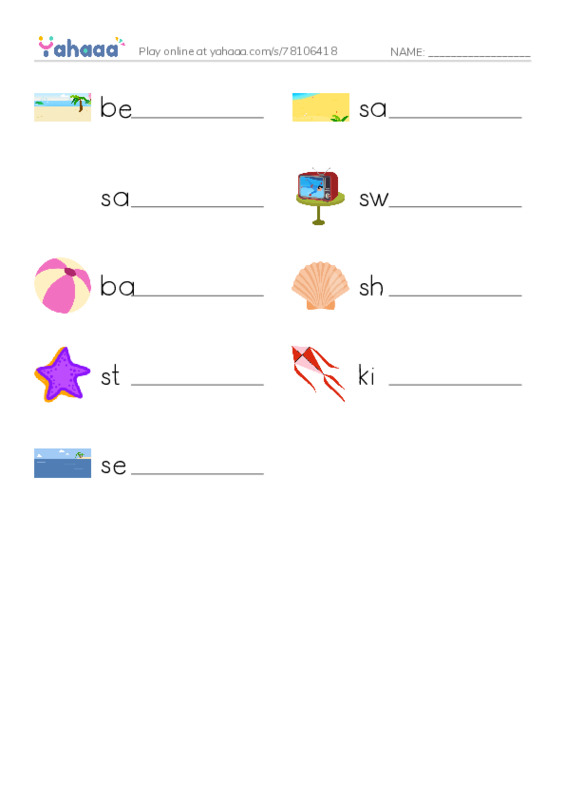 Write the word rows worksheet for Beach Day