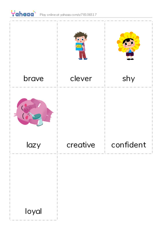 Picture flashcards worksheet for brave, clever, shy and 4 more