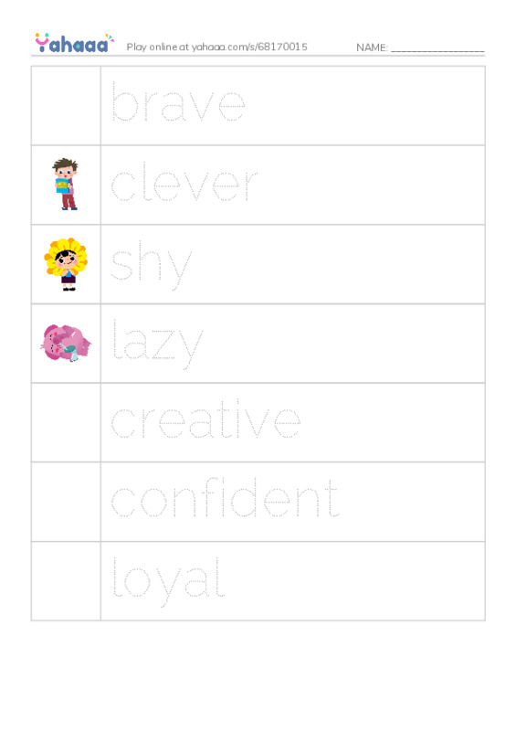 Picture and word rows worksheet for brave, clever, shy and 4 more