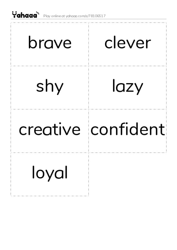 Word flashcards worksheet for brave, clever, shy and 4 more