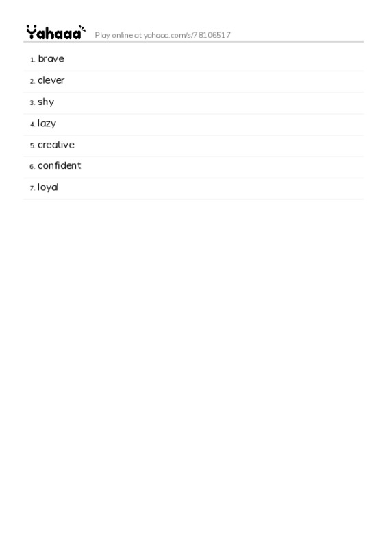 Word list with meanings worksheet for brave, clever, shy and 4 more