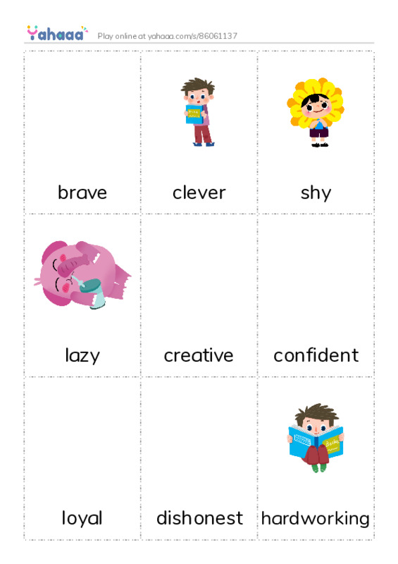 Picture flashcards worksheet for brave, clever, shy and 18 more