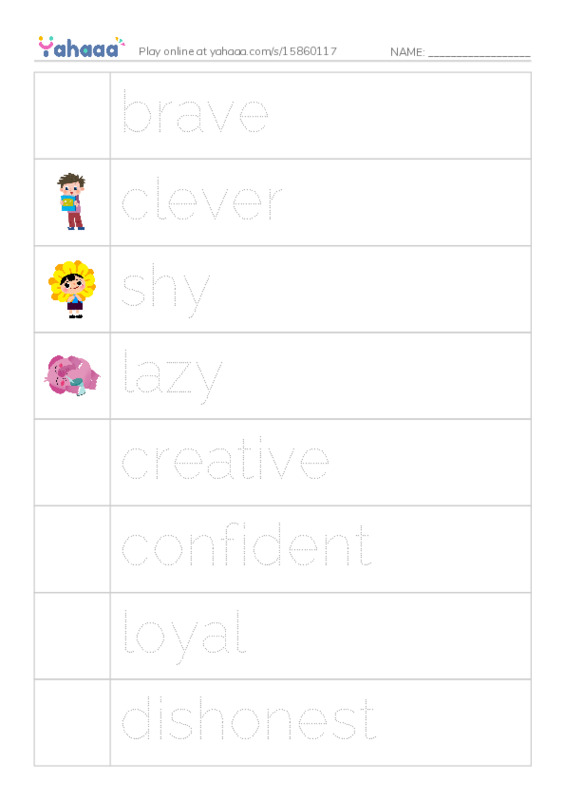 Picture and word rows worksheet for brave, clever, shy and 18 more