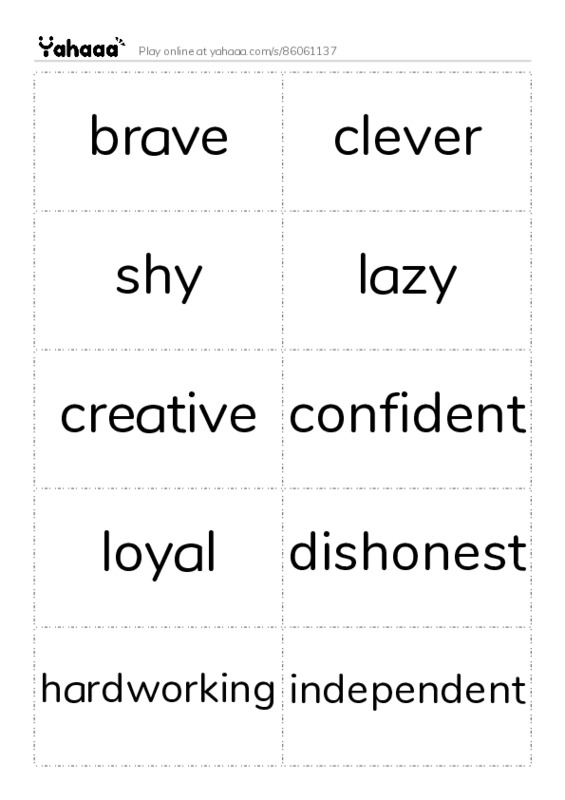 Word flashcards worksheet for brave, clever, shy and 18 more