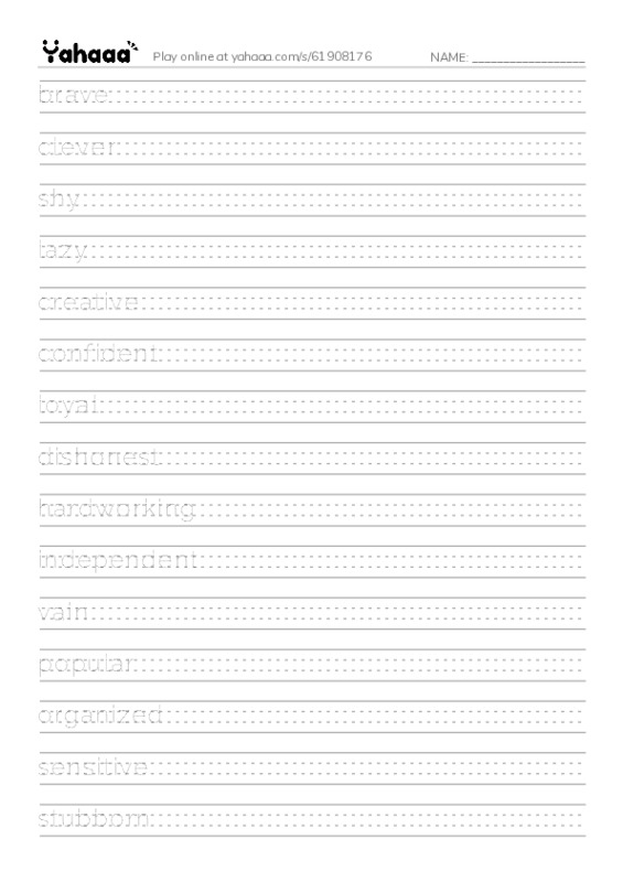 Handwriting lines worksheet for brave, clever, shy and 18 more