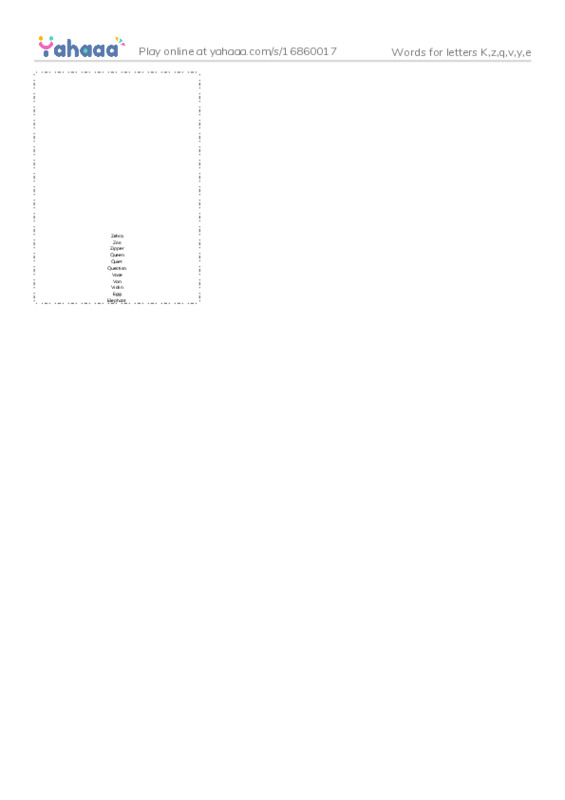 Picture flashcards worksheet for Words for letters K,z,q,v,y,e