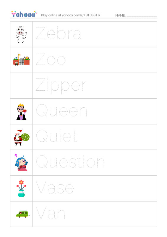 Picture and word rows worksheet for Words for letters K,z,q,v,y,e