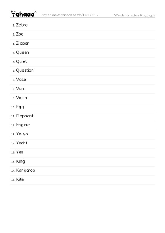 Word list with meanings worksheet for Words for letters K,z,q,v,y,e