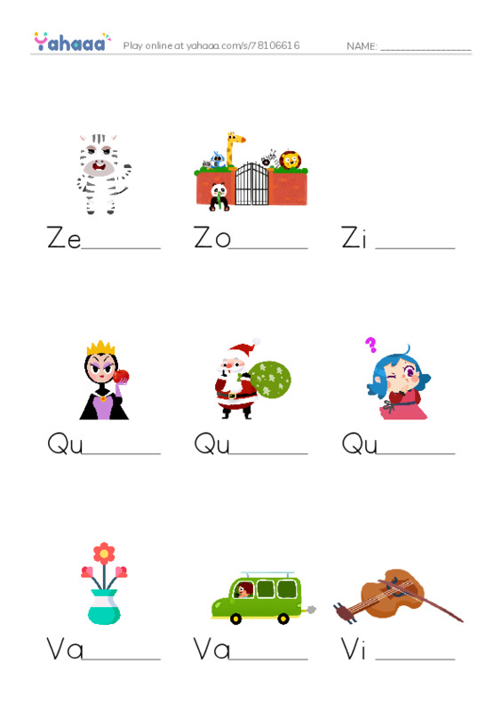 Finish the word worksheet for Words for letters K,z,q,v,y,e