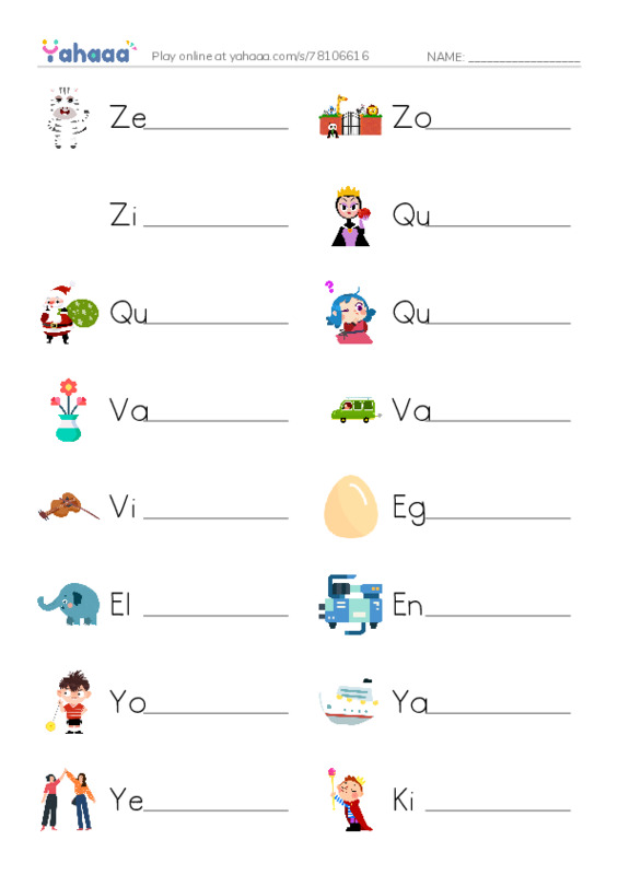 Write the word rows worksheet for Words for letters K,z,q,v,y,e
