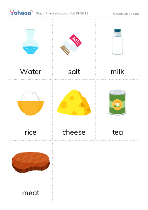 Picture flashcards worksheet for Uncountable nouns