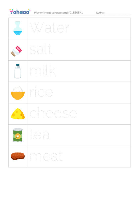 Picture and word rows worksheet for Uncountable nouns