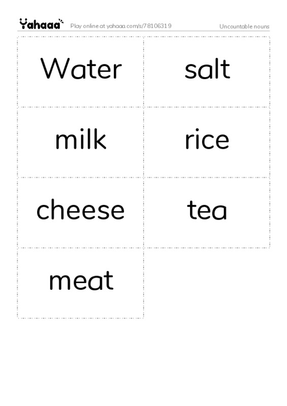 Word flashcards worksheet for Uncountable nouns
