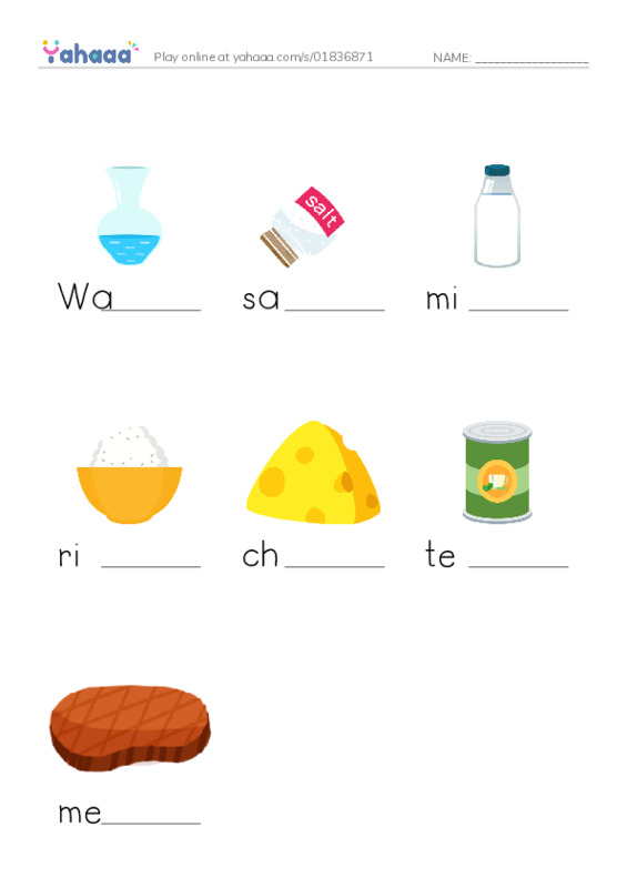 Finish the word worksheet for Uncountable nouns