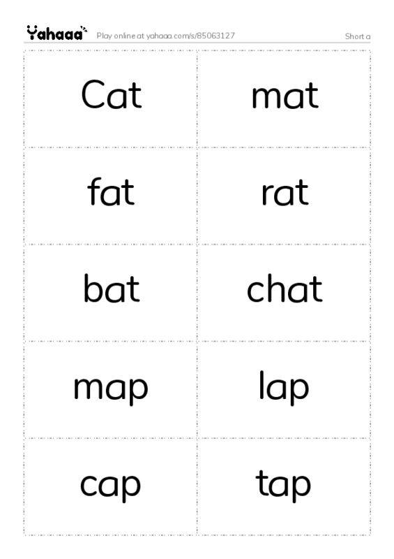 Word flashcards worksheet for Short a