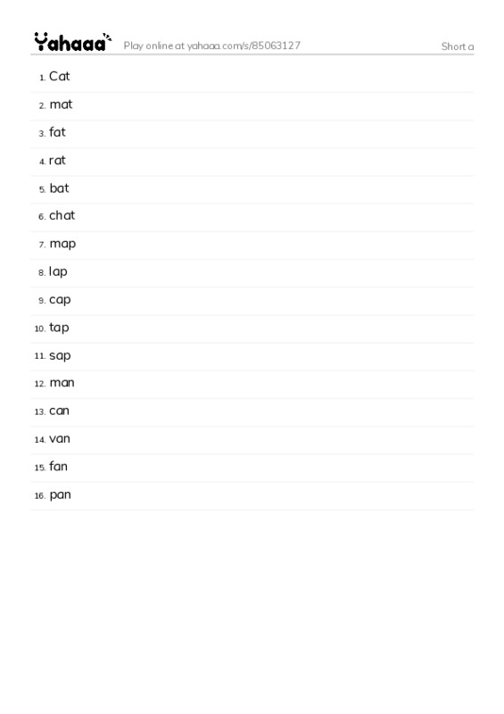 Word list with meanings worksheet for Short a