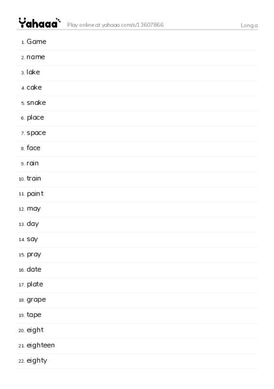 Word list with meanings worksheet for Long a