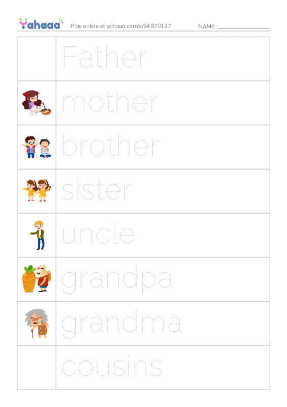 Picture and word rows worksheet for Family members