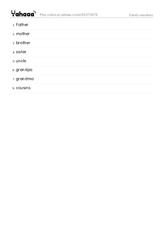 Word list with meanings worksheet for Family members