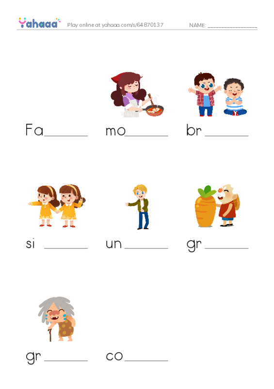 Finish the word worksheet for Family members