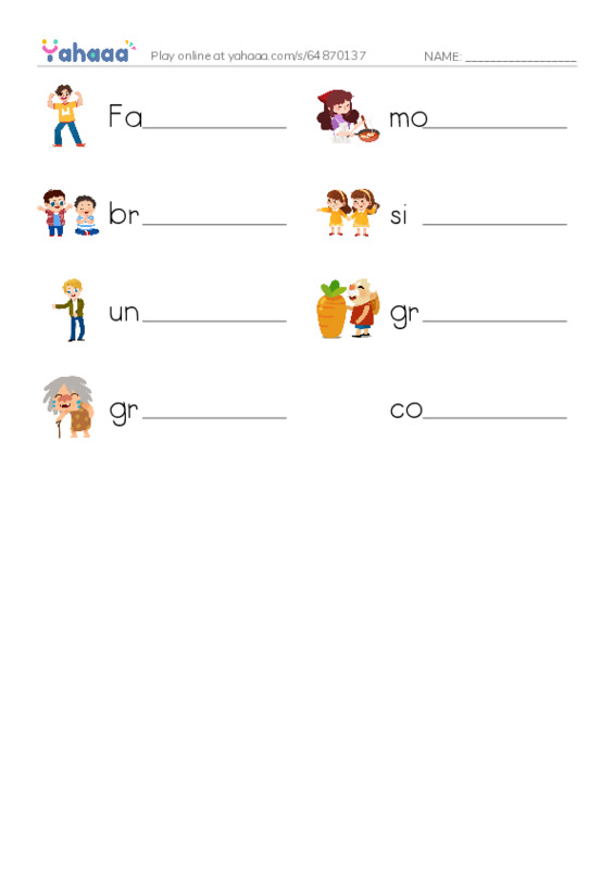 Write the word rows worksheet for Family members