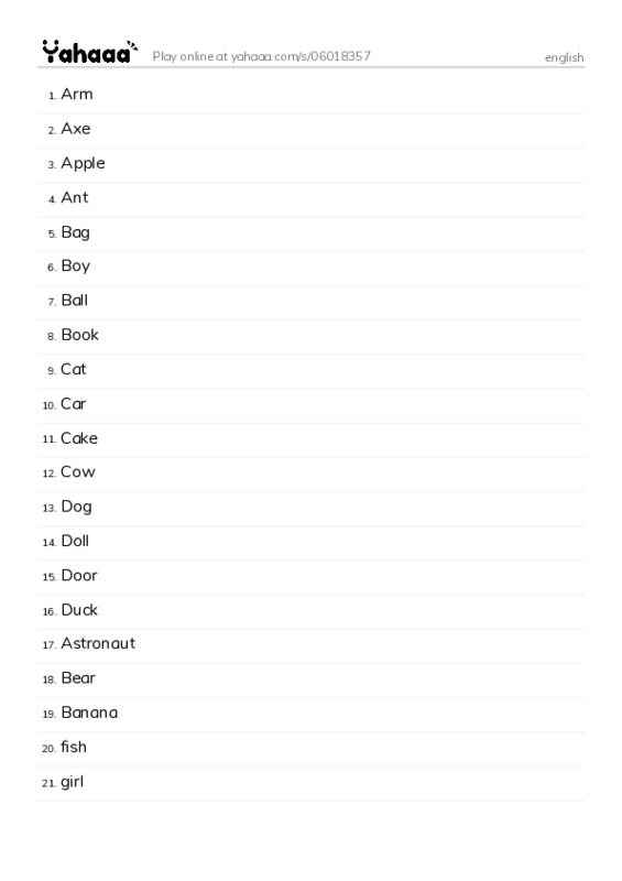 Word list with meanings worksheet for english