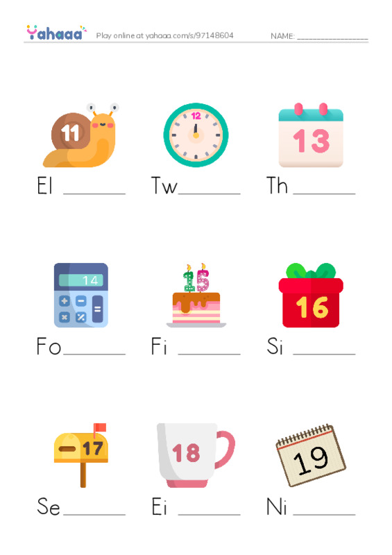 Numbers, 10, to,20 PDF worksheet to fill in words gaps