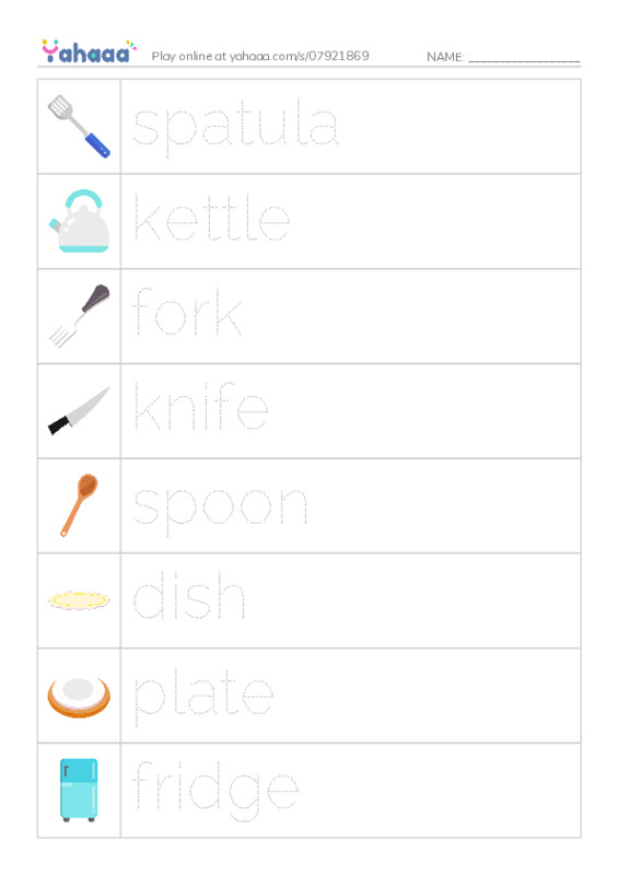 Picture and word rows worksheet for Kitchen