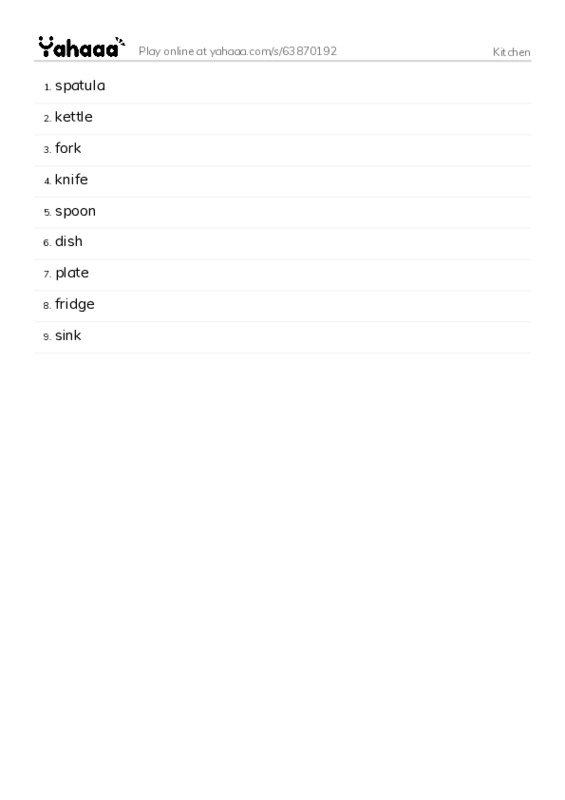 Word list with meanings worksheet for Kitchen