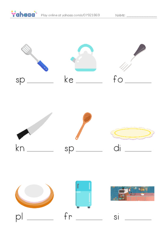 Finish the word worksheet for Kitchen