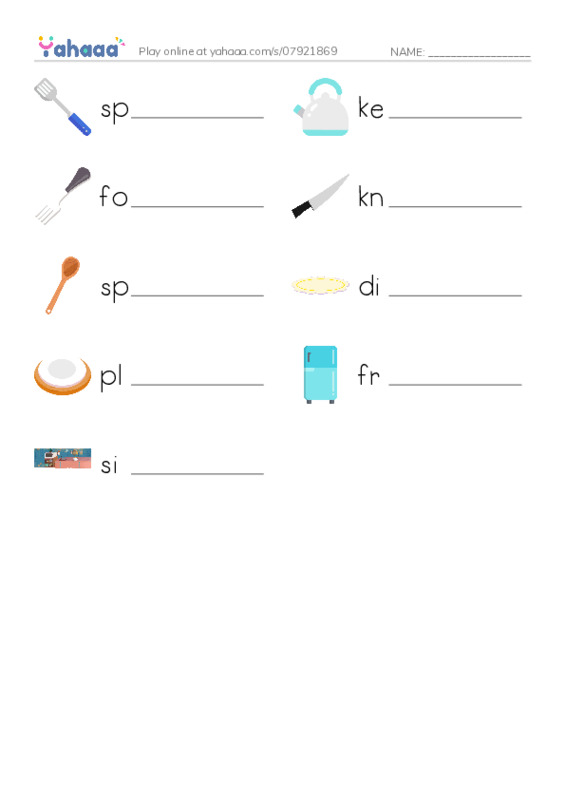 Write the word rows worksheet for Kitchen